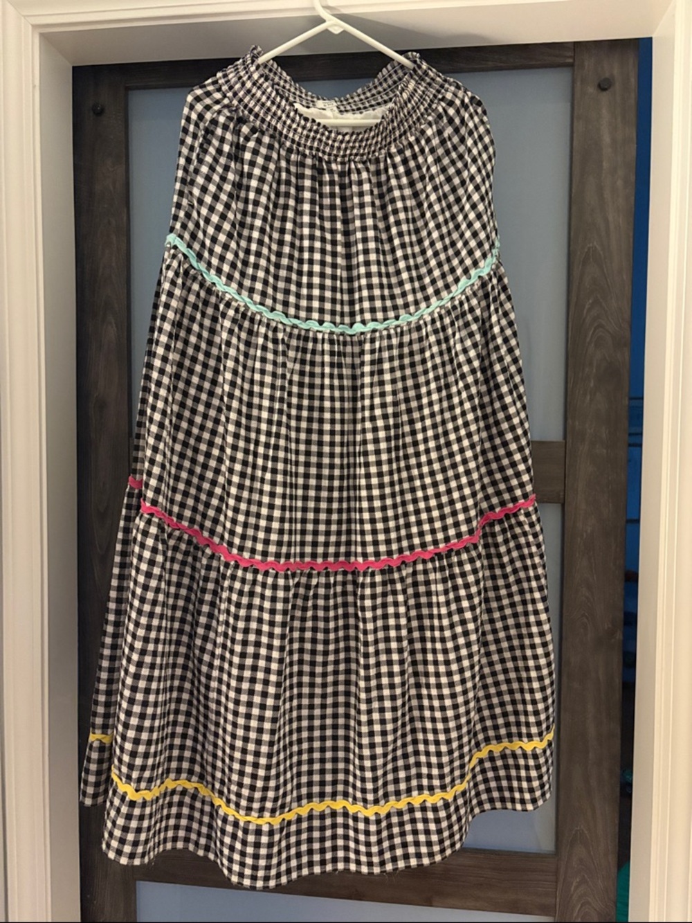 crown & ivy Black and White Gingham Maxi Skirt with Mint, Pink & Yellow Trim